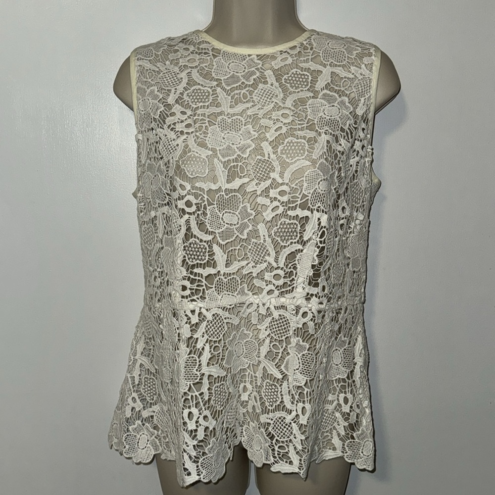 CABI Sheer Crochet Lace Sleeveless Peplum Top Women’s Medium M